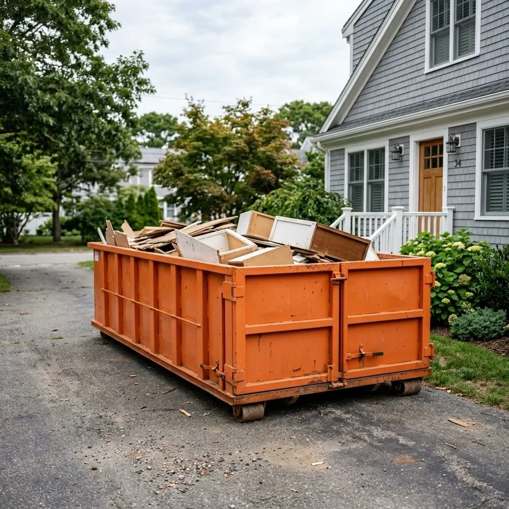Orange 15 yard dumpster on a residential driveway